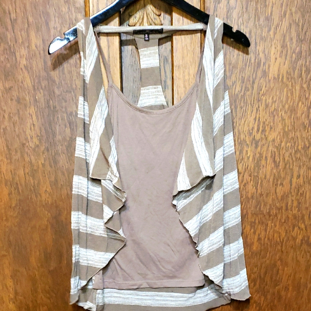Sleeveless Striped Tan ,Cream Knitted Women's Top With Layered Ruffle Overlay.